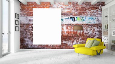 Boş çerçeve ile modern parlak iç. 3D render