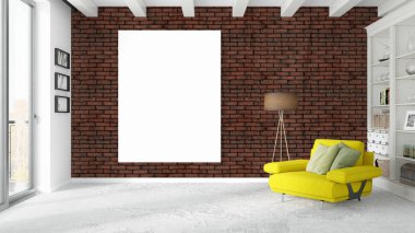 Boş çerçeve ile modern parlak iç. 3D render