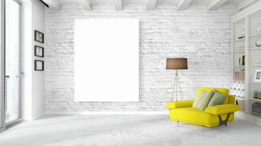 Boş çerçeve ile modern parlak iç. 3D render