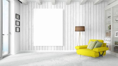 Boş çerçeve ile modern parlak iç. 3D render