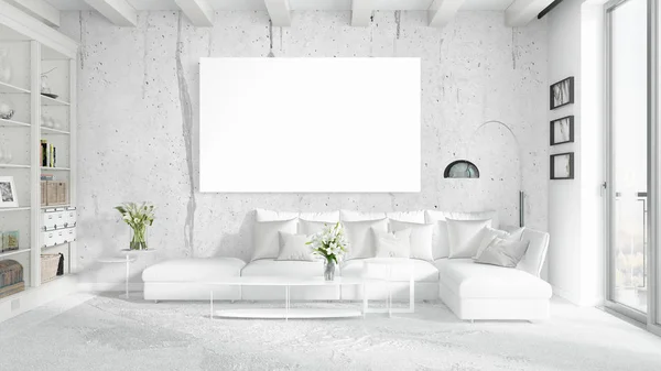 Interior moderno brilhante com moldura vazia. Renderização 3D — Fotografia de Stock