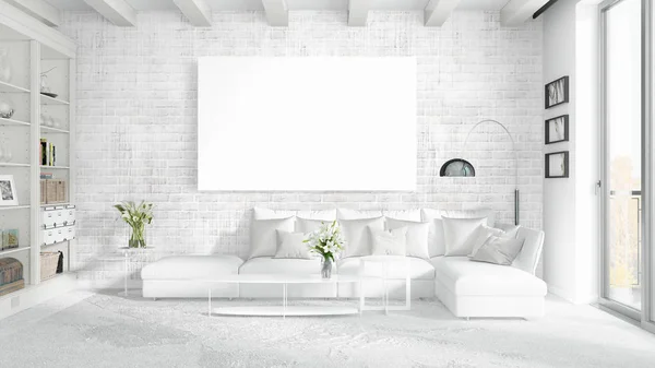 Modern bright interior with empty frame . 3D rendering — Stock Photo, Image