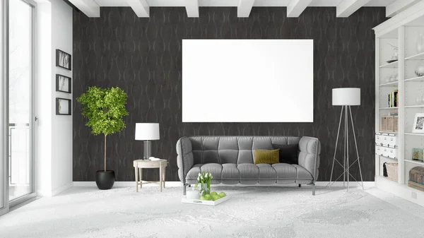 Interior terang modern dengan bingkai kosong. Perender 3D — Stok Foto