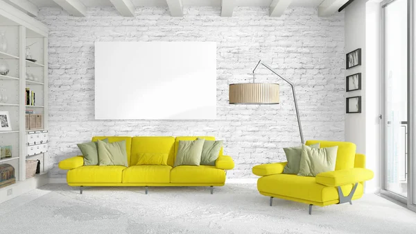 Interior moderno brilhante com moldura vazia. Renderização 3D — Fotografia de Stock