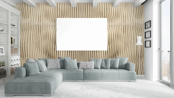 Boş çerçeve ile modern parlak iç. 3D render