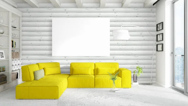 Modernes helles Interieur mit leerem Rahmen. 3D-Darstellung — Stockfoto