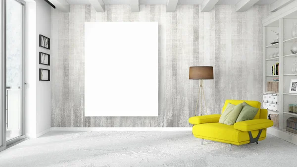 Modern bright interior with empty frame . 3D rendering — Stock Photo, Image