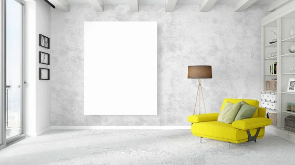 Modern bright interior with empty frame . 3D rendering — Stock Photo, Image