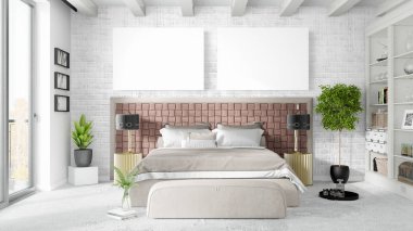 Boş çerçeve ile modern parlak iç. 3D render