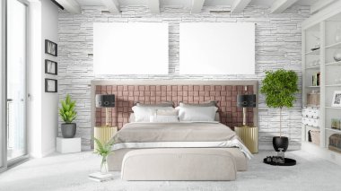 Boş çerçeve ile modern parlak iç. 3D render