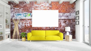 Boş çerçeve ile modern parlak iç. 3D render