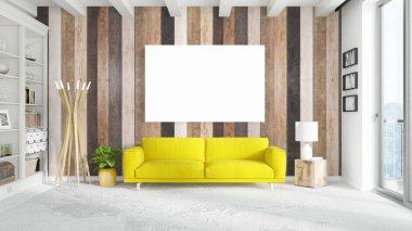 Boş çerçeve ile modern parlak iç. 3D render