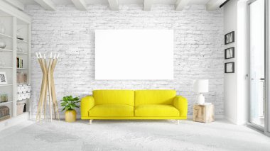 Boş çerçeve ile modern parlak iç. 3D render