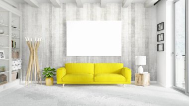 Boş çerçeve ile modern parlak iç. 3D render