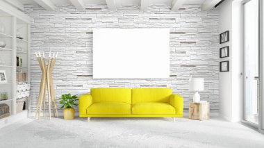 Boş çerçeve ile modern parlak iç. 3D render