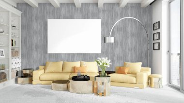 Boş çerçeve ile modern parlak iç. 3D render