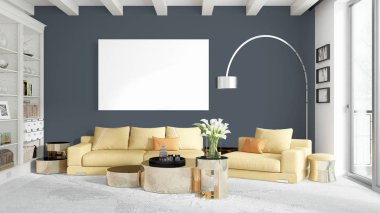 Boş çerçeve ile modern parlak iç. 3D render