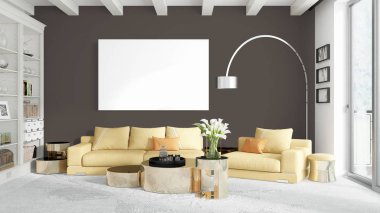 Boş çerçeve ile modern parlak iç. 3D render