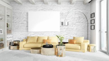 Boş çerçeve ile modern parlak iç. 3D render