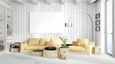 Boş çerçeve ile modern parlak iç. 3D render