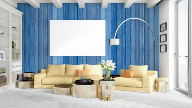 Boş çerçeve ile modern parlak iç. 3D render