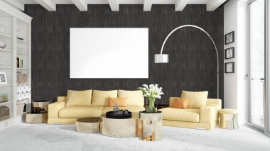 Boş çerçeve ile modern parlak iç. 3D render