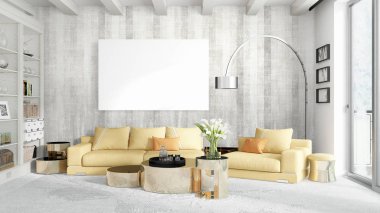 Boş çerçeve ile modern parlak iç. 3D render