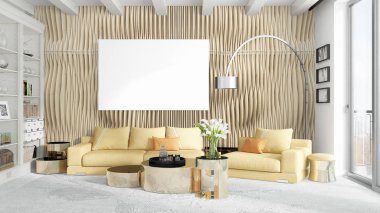 Boş çerçeve ile modern parlak iç. 3D render