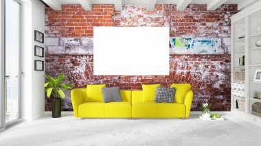 Boş çerçeve ile modern parlak iç. 3D render