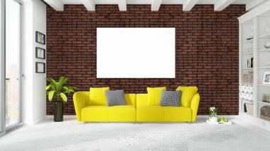 Boş çerçeve ile modern parlak iç. 3D render