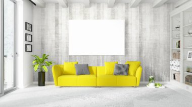 Boş çerçeve ile modern parlak iç. 3D render