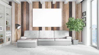 Boş çerçeve ile modern parlak iç. 3D render