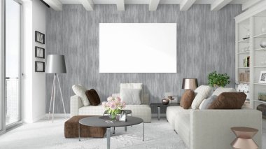 Boş çerçeve ile modern parlak iç. 3D render