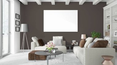 Boş çerçeve ile modern parlak iç. 3D render