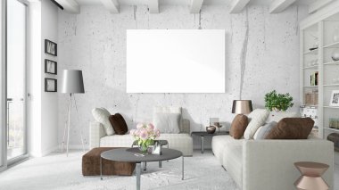 Boş çerçeve ile modern parlak iç. 3D render