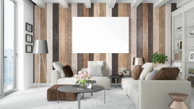 Boş çerçeve ile modern parlak iç. 3D render