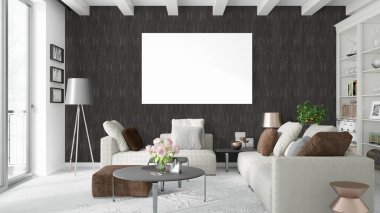 Boş çerçeve ile modern parlak iç. 3D render