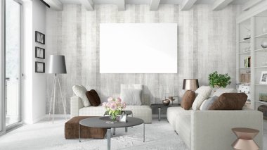 Boş çerçeve ile modern parlak iç. 3D render