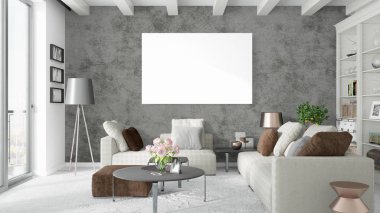 Boş çerçeve ile modern parlak iç. 3D render