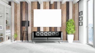 Boş çerçeve ile modern parlak iç. 3D render