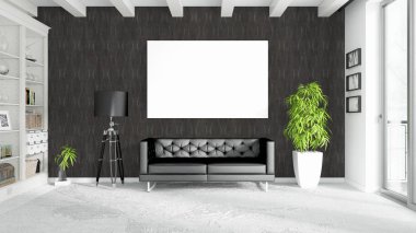 Boş çerçeve ile modern parlak iç. 3D render