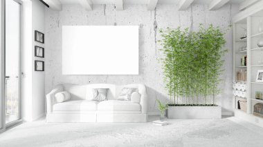 Boş çerçeve ile modern parlak iç. 3D render