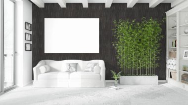 Boş çerçeve ile modern parlak iç. 3D render