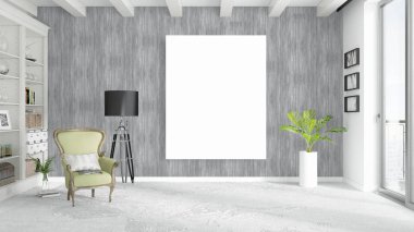 Boş çerçeve ile modern parlak iç. 3D render