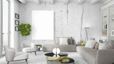 Boş çerçeve ile modern parlak iç. 3D render