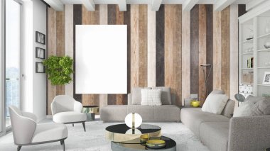 Boş çerçeve ile modern parlak iç. 3D render