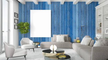 Boş çerçeve ile modern parlak iç. 3D render