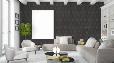 Boş çerçeve ile modern parlak iç. 3D render