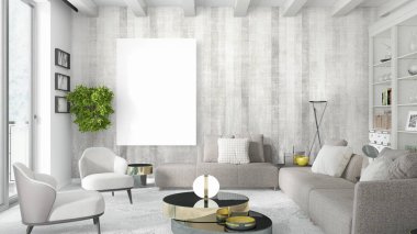 Boş çerçeve ile modern parlak iç. 3D render