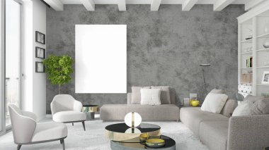 Boş çerçeve ile modern parlak iç. 3D render